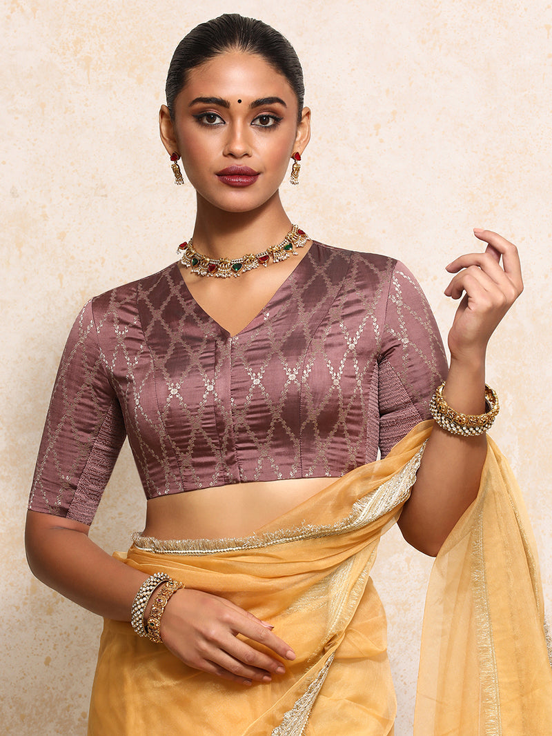 Manisha x Tyohaar | Elbow Sleeves Saree Blouse in Dusky Mauve Vine Mesh Brocade-Binks