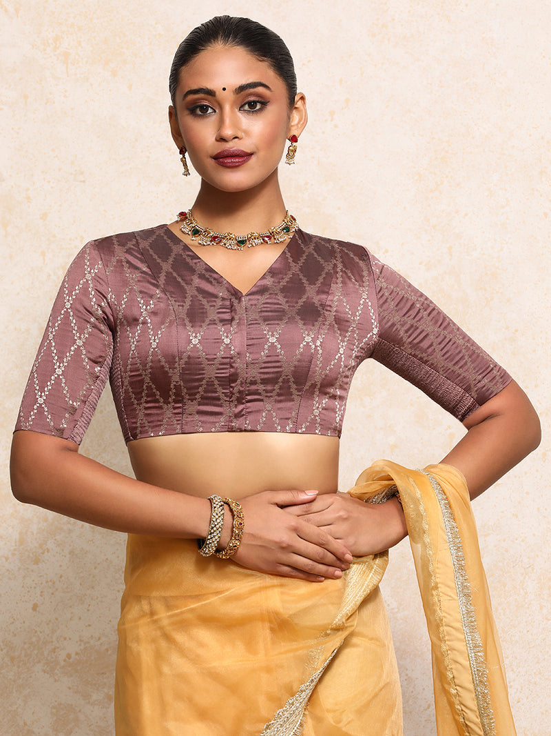 Manisha x Tyohaar | Elbow Sleeves Saree Blouse in Dusky Mauve Vine Mesh Brocade-Binks