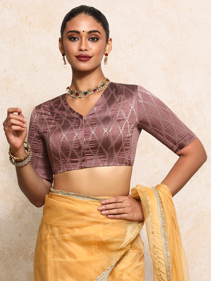 Manisha x Tyohaar | Elbow Sleeves Saree Blouse in Dusky Mauve Vine Mesh Brocade-Binks