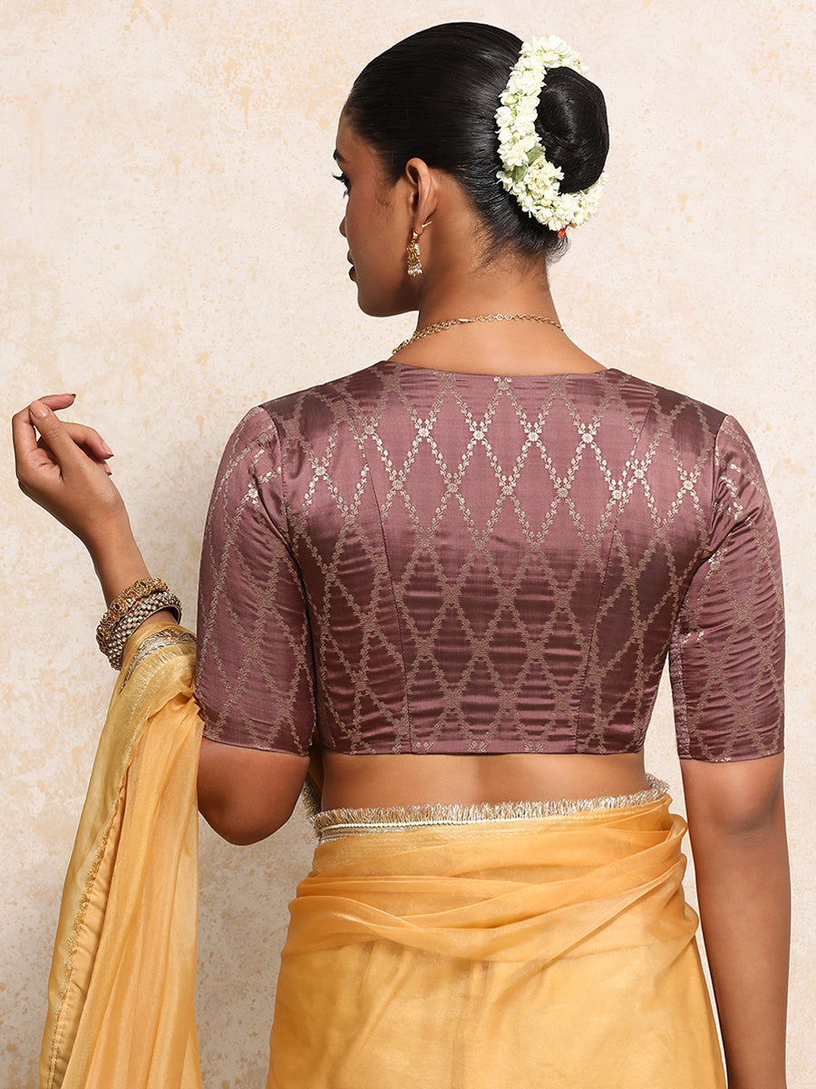Manisha x Tyohaar Saree Blouse, in Pink Viscose Silk Brocade, featuring elbow sleeves and v-neckline (view 2).
