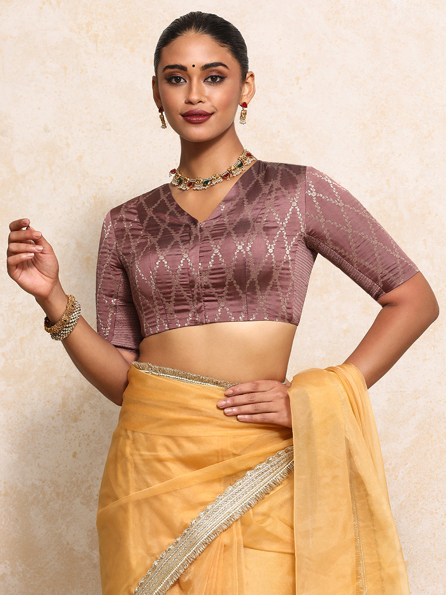 Manisha x Tyohaar Saree Blouse, in Pink Viscose Silk Brocade, featuring elbow sleeves and v-neckline (view 6).