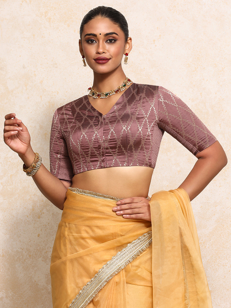 Manisha x Tyohaar | Elbow Sleeves Saree Blouse in Dusky Mauve Vine Mesh Brocade-Binks