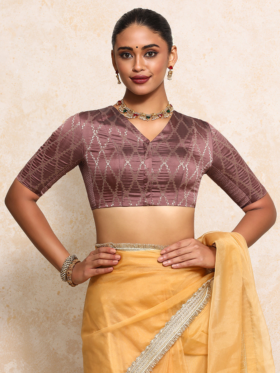 Manisha x Tyohaar Saree Blouse, in Pink Viscose Silk Brocade, featuring elbow sleeves and v-neckline (view 7).