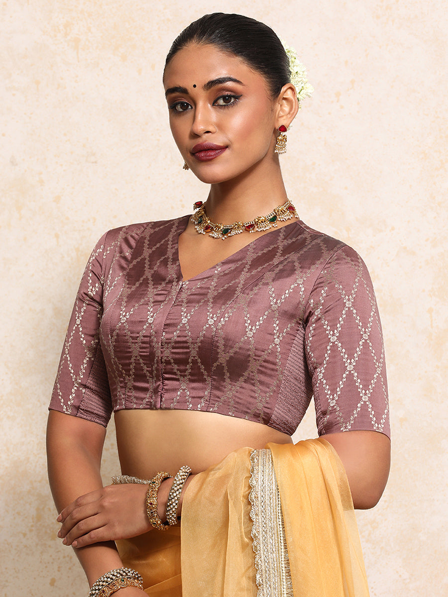 Manisha x Tyohaar Saree Blouse, in Pink Viscose Silk Brocade, featuring elbow sleeves and v-neckline (view 8).