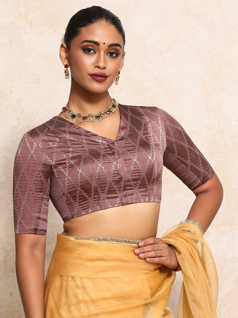Manisha x Tyohaar | Elbow Sleeves Saree Blouse in Dusky Mauve Vine Mesh Brocade-Binks