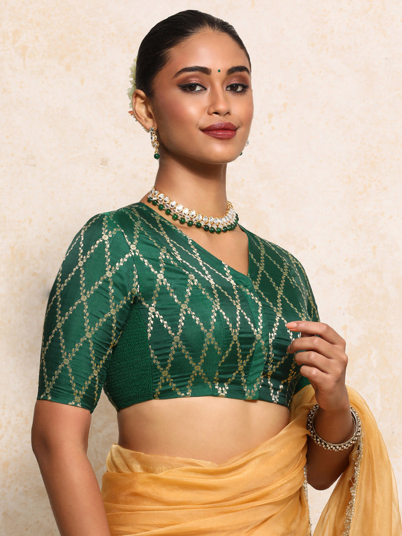 Manisha x Tyohaar | Elbow Sleeves Saree Blouse in Emerald Green Vine Mesh Brocade-Binks