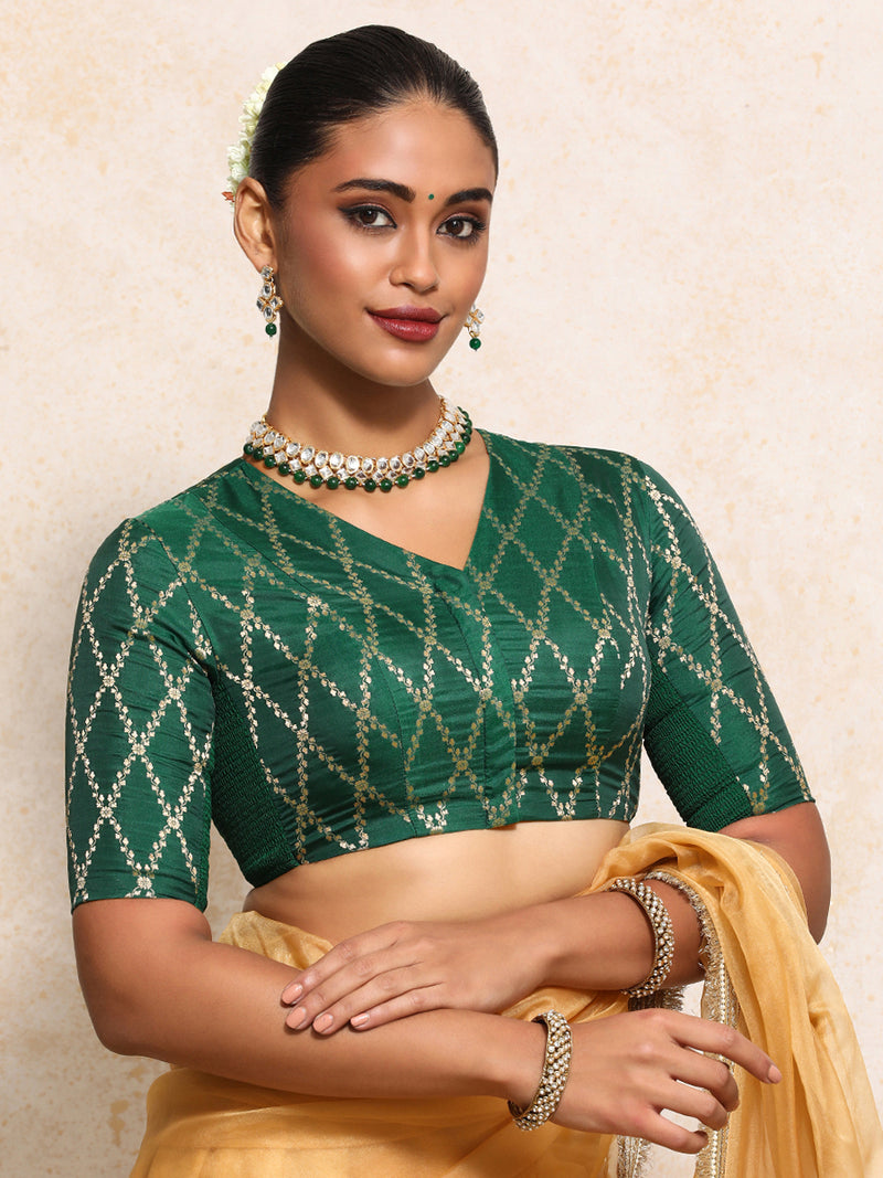 Manisha x Tyohaar | Elbow Sleeves Saree Blouse in Emerald Green Vine Mesh Brocade-Binks
