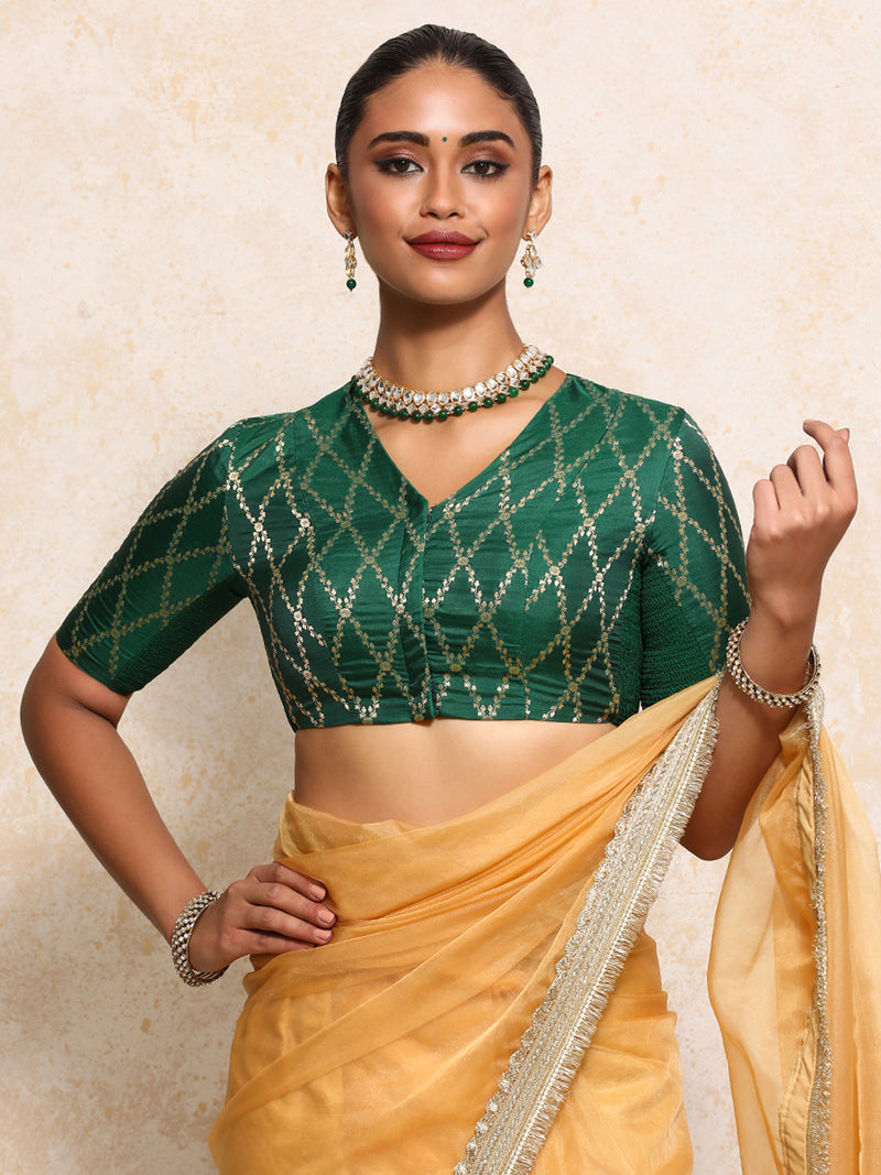 Manisha x Tyohaar | Elbow Sleeves Saree Blouse in Emerald Green Vine Mesh Brocade-Binks