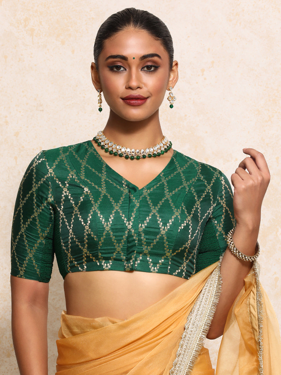 Manisha x Tyohaar Saree Blouse, in Green Viscose Silk Brocade, featuring elbow sleeves and v-neckline (view 5).