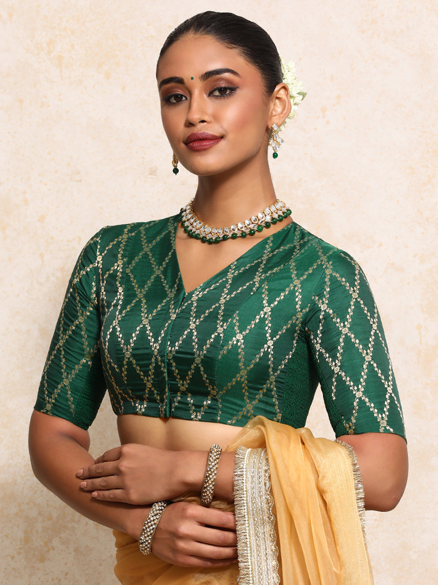 Manisha x Tyohaar Saree Blouse, in Green Viscose Silk Brocade, featuring elbow sleeves and v-neckline (view 7).