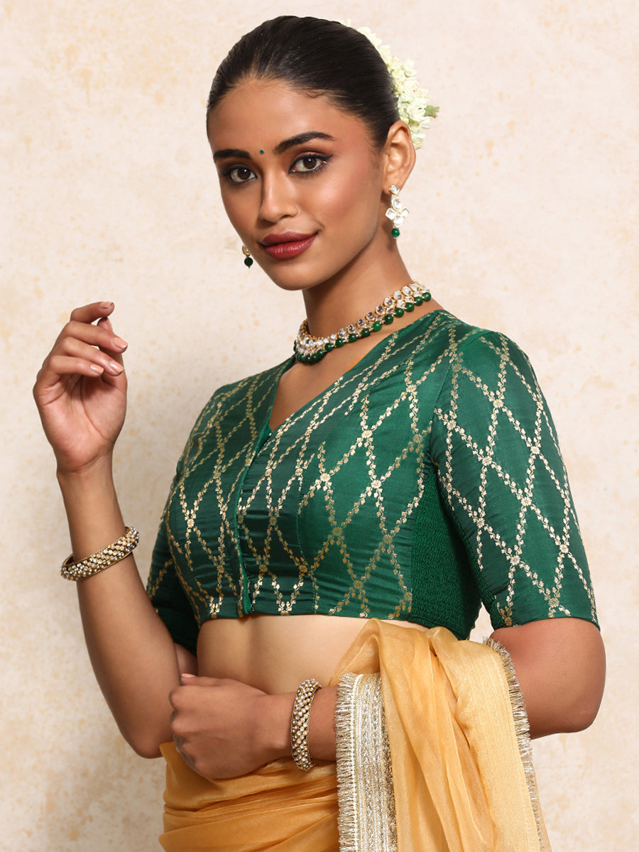 Manisha x Tyohaar Saree Blouse, in Green Viscose Silk Brocade, featuring elbow sleeves and v-neckline (view 8).