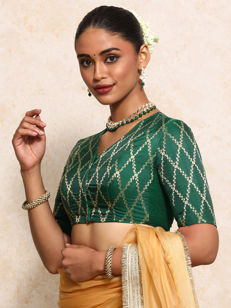 Manisha x Tyohaar | Elbow Sleeves Saree Blouse in Emerald Green Vine Mesh Brocade-Binks