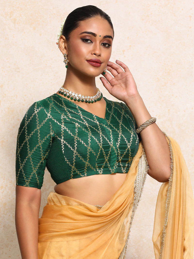 Manisha x Tyohaar | Elbow Sleeves Saree Blouse in Emerald Green Vine Mesh Brocade-Binks