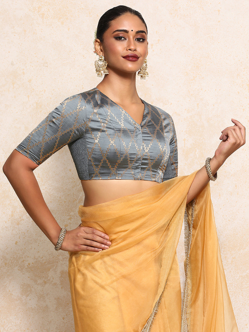 Manisha x Tyohaar | Elbow Sleeves Saree Blouse in Gilded Grey Vine Mesh Brocade-Binks