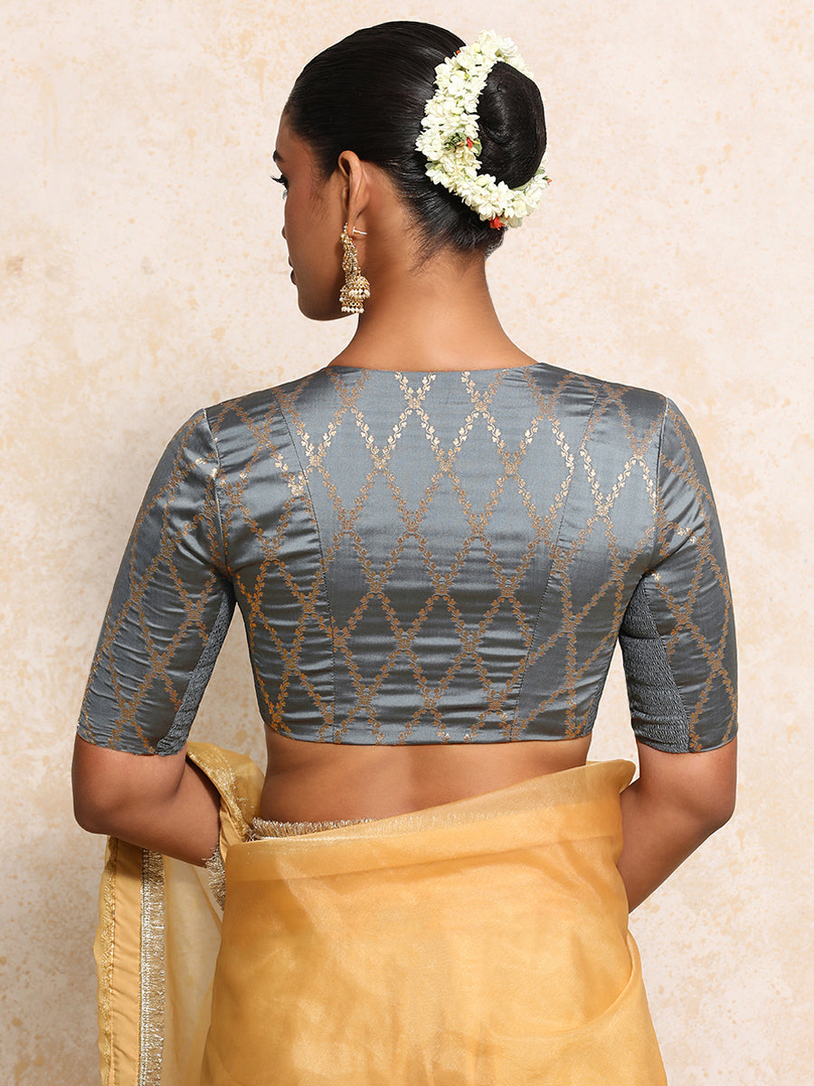 Manisha x Tyohaar Saree Blouse, in Grey Viscose Silk Brocade, featuring elbow sleeves and v-neckline (view 2).