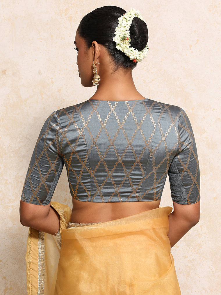 Manisha x Tyohaar Saree Blouse, in Grey Viscose Silk Brocade, featuring elbow sleeves and v-neckline (view 2).