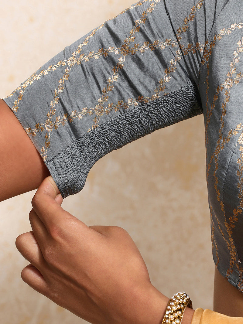 Manisha x Tyohaar | Elbow Sleeves Saree Blouse in Gilded Grey Vine Mesh Brocade-Binks