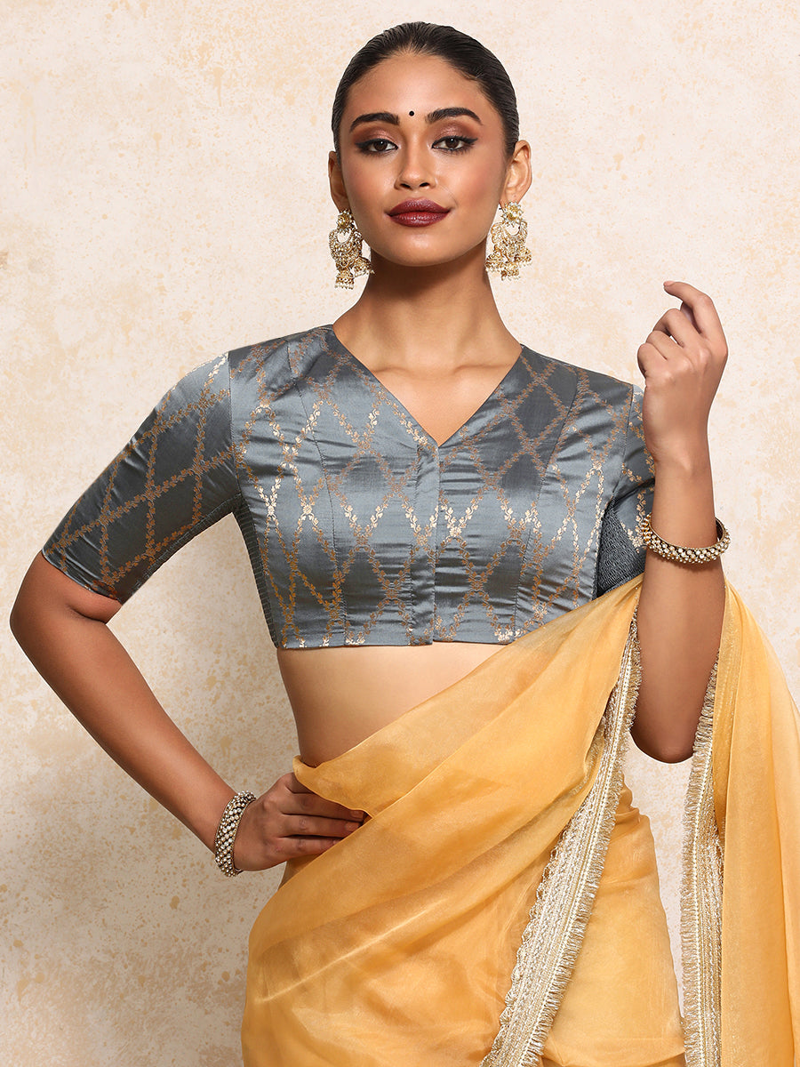 Manisha x Tyohaar Saree Blouse, in Grey Viscose Silk Brocade, featuring elbow sleeves and v-neckline (view 7).