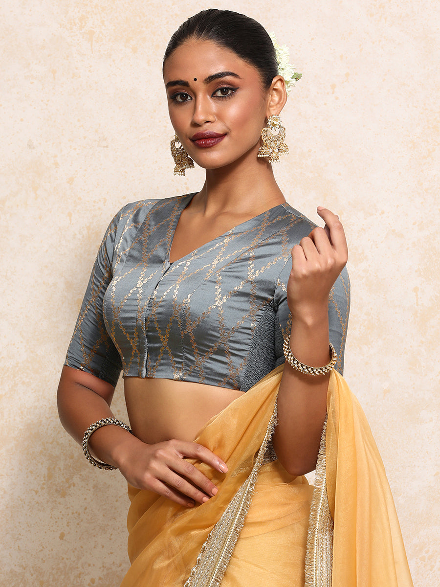 Manisha x Tyohaar Saree Blouse, in Grey Viscose Silk Brocade, featuring elbow sleeves and v-neckline (view 8).