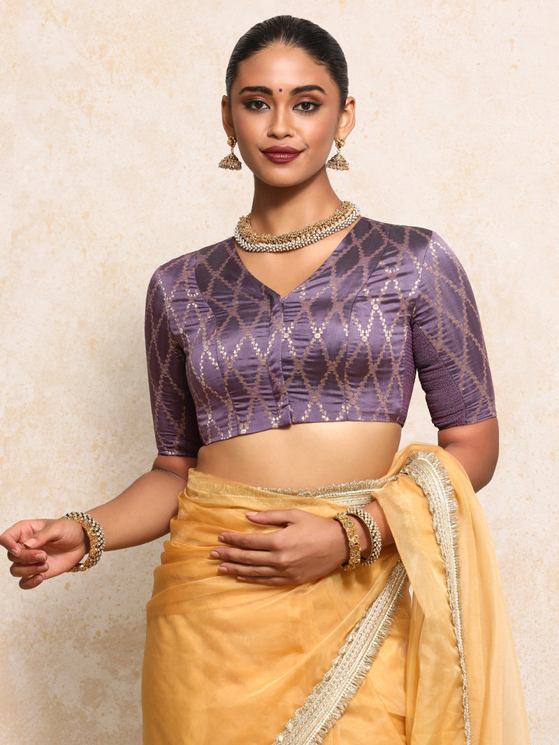 Manisha x Tyohaar | Elbow Sleeves Saree Blouse in Moonlit Lavender Vine Mesh Brocade-Binks