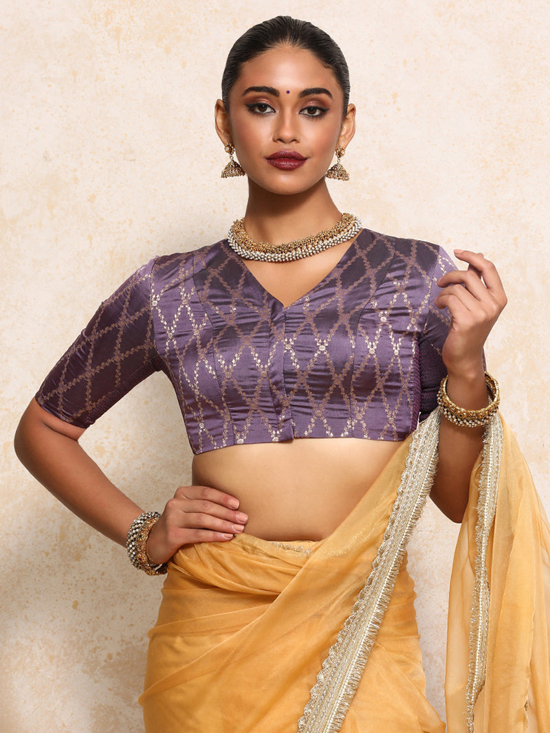 Manisha x Tyohaar | Elbow Sleeves Saree Blouse in Moonlit Lavender Vine Mesh Brocade-Binks