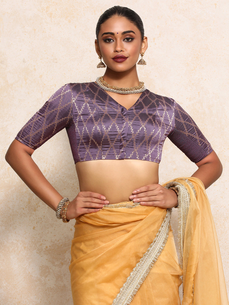 Manisha x Tyohaar | Elbow Sleeves Saree Blouse in Moonlit Lavender Vine Mesh Brocade-Binks