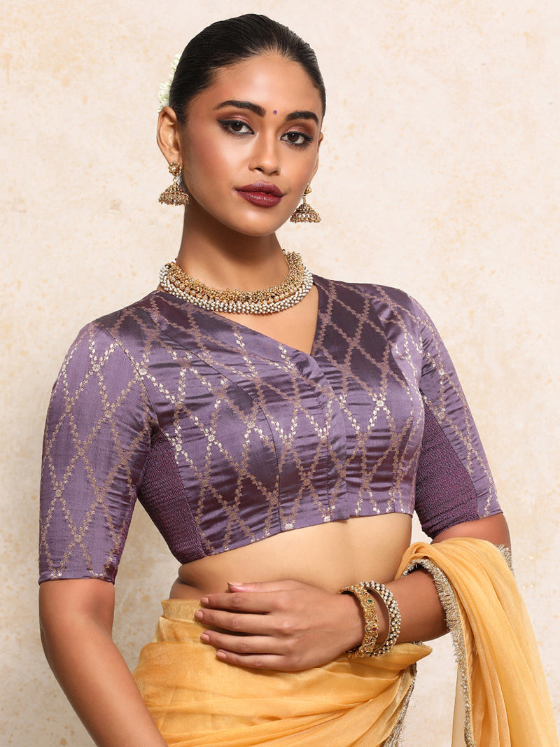 Manisha x Tyohaar | Elbow Sleeves Saree Blouse in Moonlit Lavender Vine Mesh Brocade-Binks