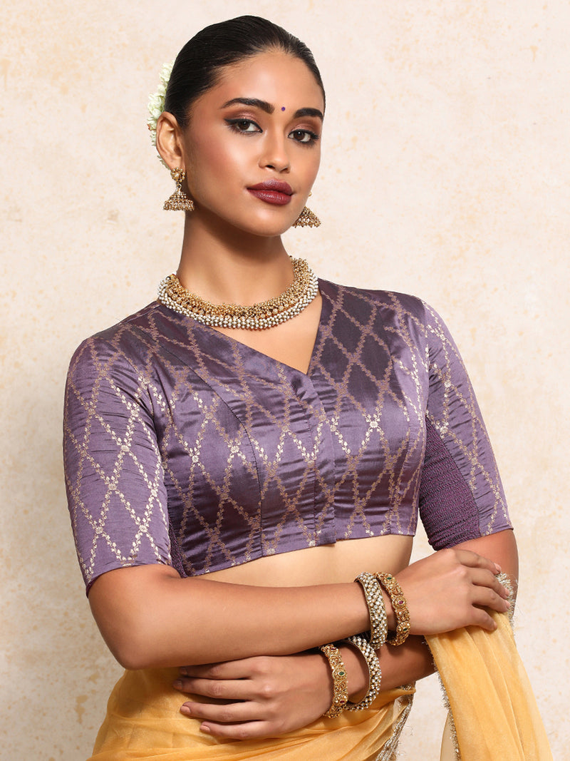 Manisha x Tyohaar | Elbow Sleeves Saree Blouse in Moonlit Lavender Vine Mesh Brocade-Binks