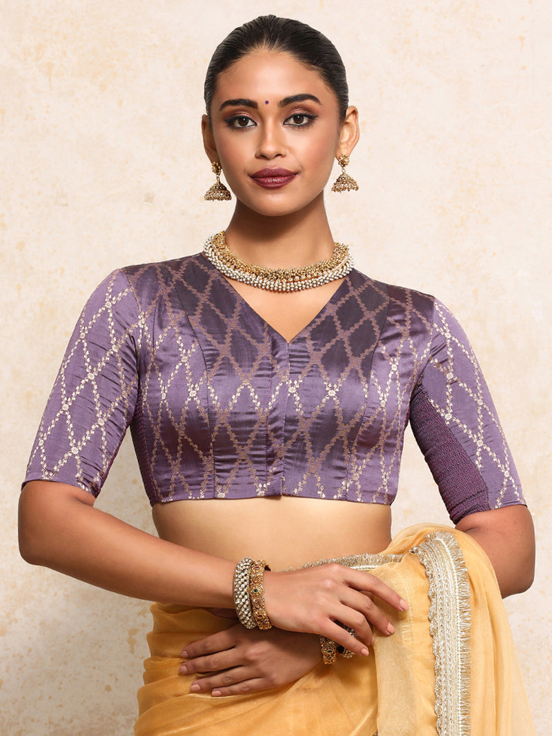 Manisha x Tyohaar | Elbow Sleeves Saree Blouse in Moonlit Lavender Vine Mesh Brocade-Binks