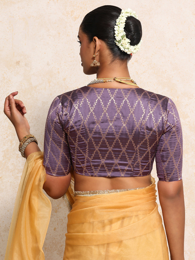 Manisha x Tyohaar Saree Blouse, in Purple Viscose Silk Brocade, featuring elbow sleeves and v-neckline (view 2).