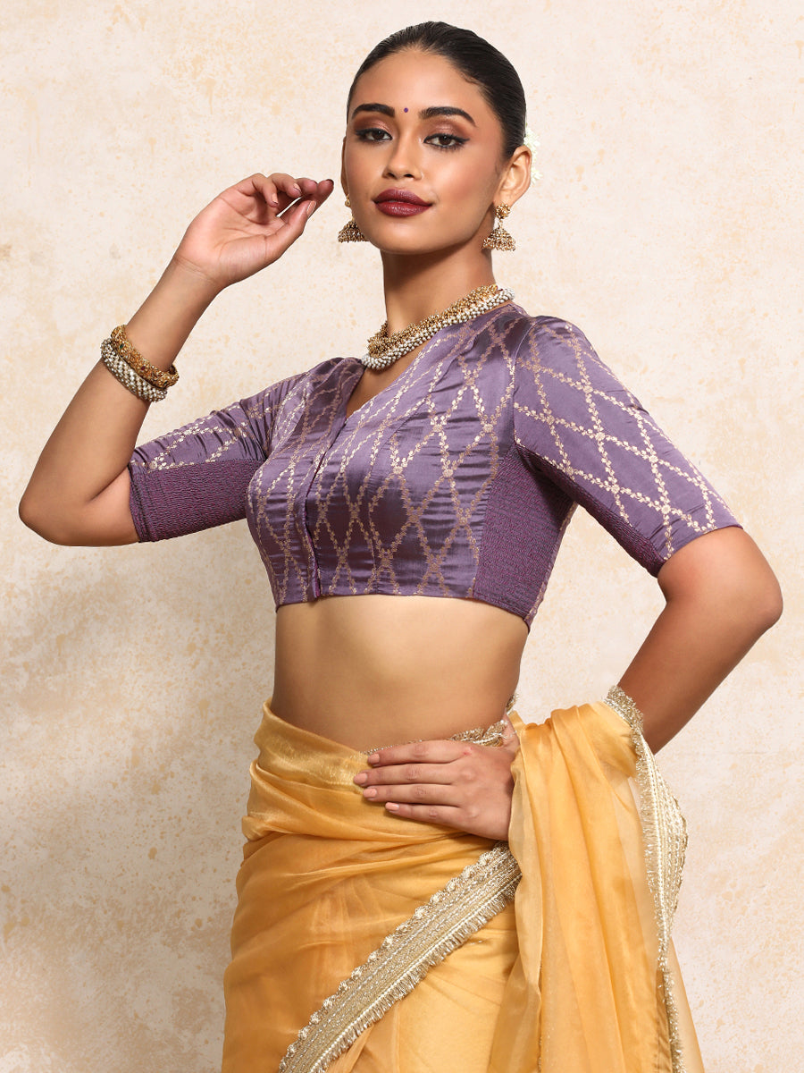 Manisha x Tyohaar Saree Blouse, in Purple Viscose Silk Brocade, featuring elbow sleeves and v-neckline (view 7).