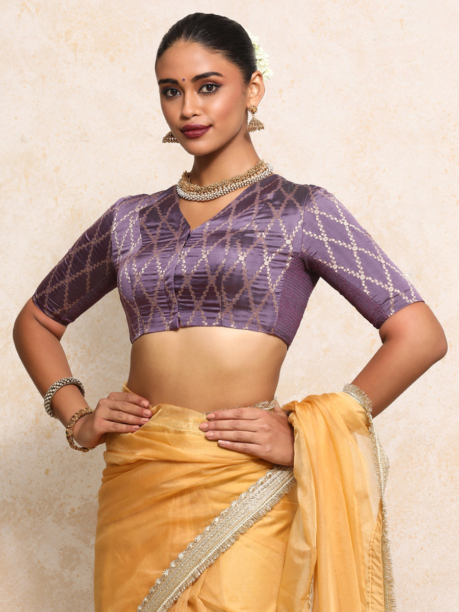 Manisha x Tyohaar Saree Blouse, in Purple Viscose Silk Brocade, featuring elbow sleeves and v-neckline (view 8).