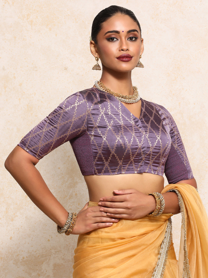 Manisha x Tyohaar | Elbow Sleeves Saree Blouse in Moonlit Lavender Vine Mesh Brocade-Binks