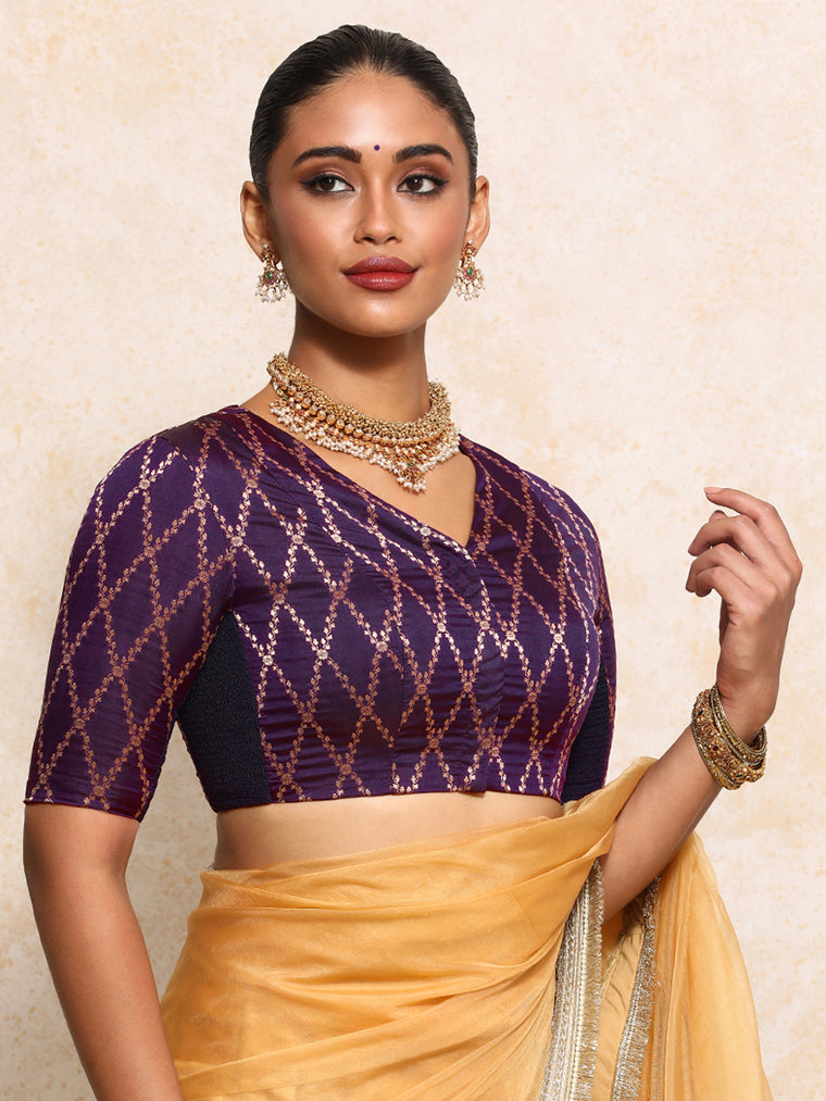 Manisha x Tyohaar Saree Blouse, in Purple Viscose Silk Brocade, featuring elbow sleeves and v-neckline.