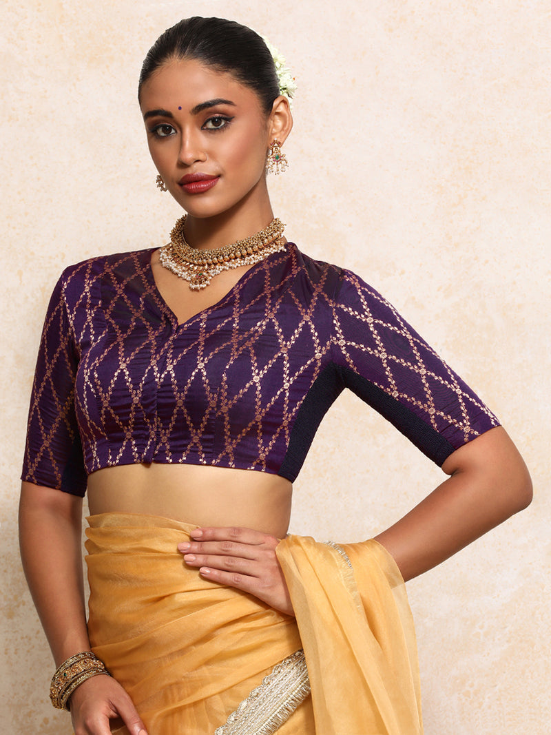 Manisha x Tyohaar | Elbow Sleeves Saree Blouse in Orchid Plum Vine Mesh Brocade-Binks
