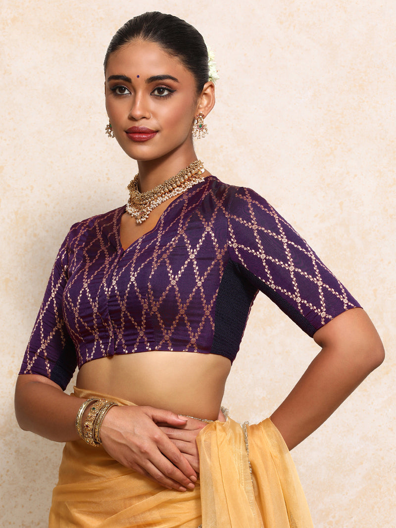 Manisha x Tyohaar | Elbow Sleeves Saree Blouse in Orchid Plum Vine Mesh Brocade-Binks