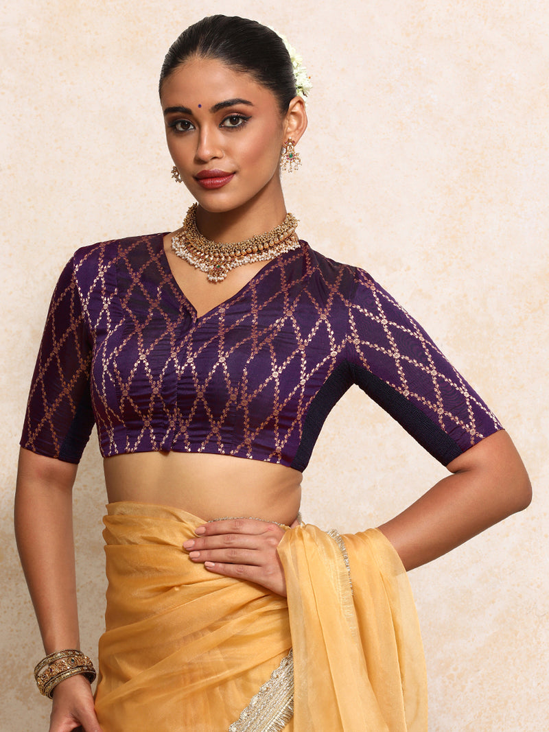Manisha x Tyohaar | Elbow Sleeves Saree Blouse in Orchid Plum Vine Mesh Brocade-Binks