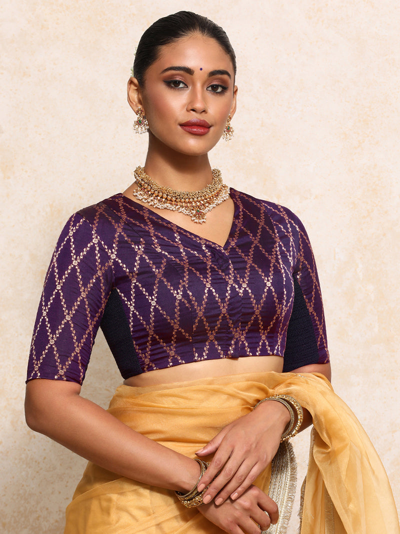 Manisha x Tyohaar | Elbow Sleeves Saree Blouse in Orchid Plum Vine Mesh Brocade-Binks