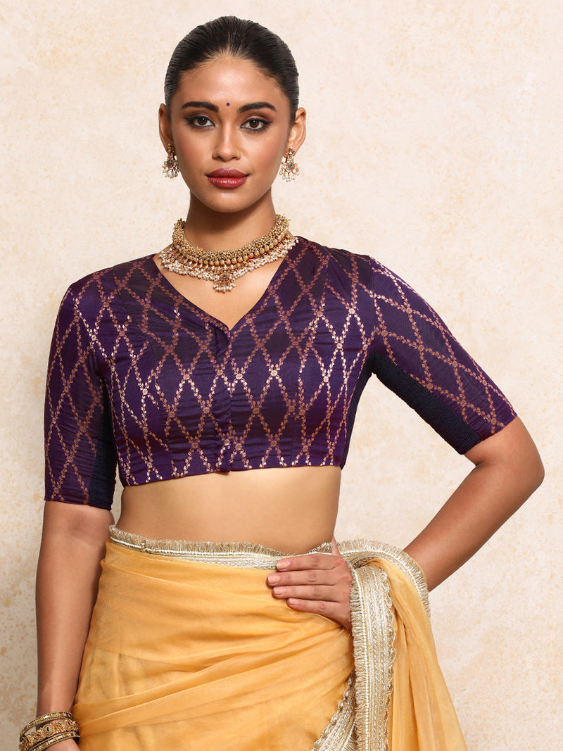 Manisha x Tyohaar | Elbow Sleeves Saree Blouse in Orchid Plum Vine Mesh Brocade-Binks