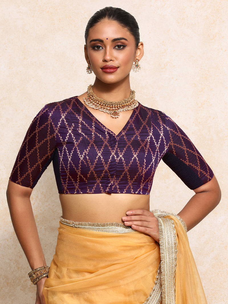 Manisha x Tyohaar | Elbow Sleeves Saree Blouse in Orchid Plum Vine Mesh Brocade-Binks