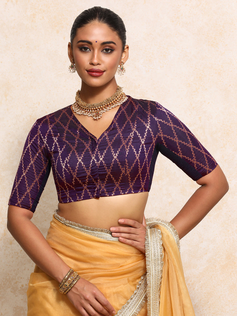 Manisha x Tyohaar | Elbow Sleeves Saree Blouse in Orchid Plum Vine Mesh Brocade-Binks