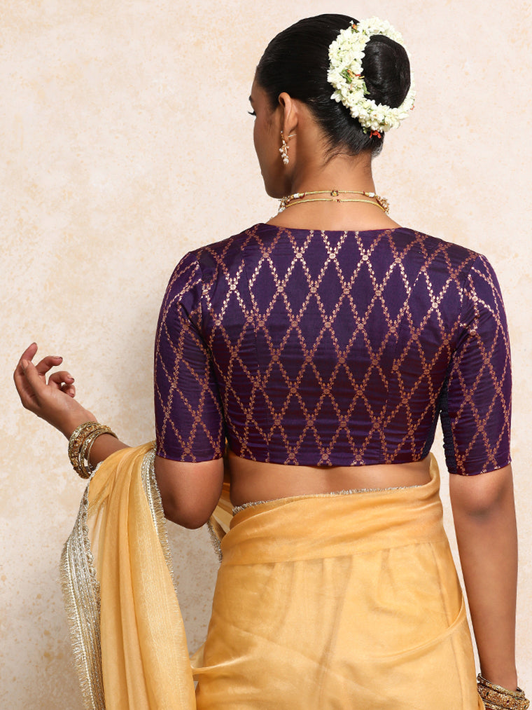 Manisha x Tyohaar Saree Blouse, in Purple Viscose Silk Brocade, featuring elbow sleeves and v-neckline (view 2).