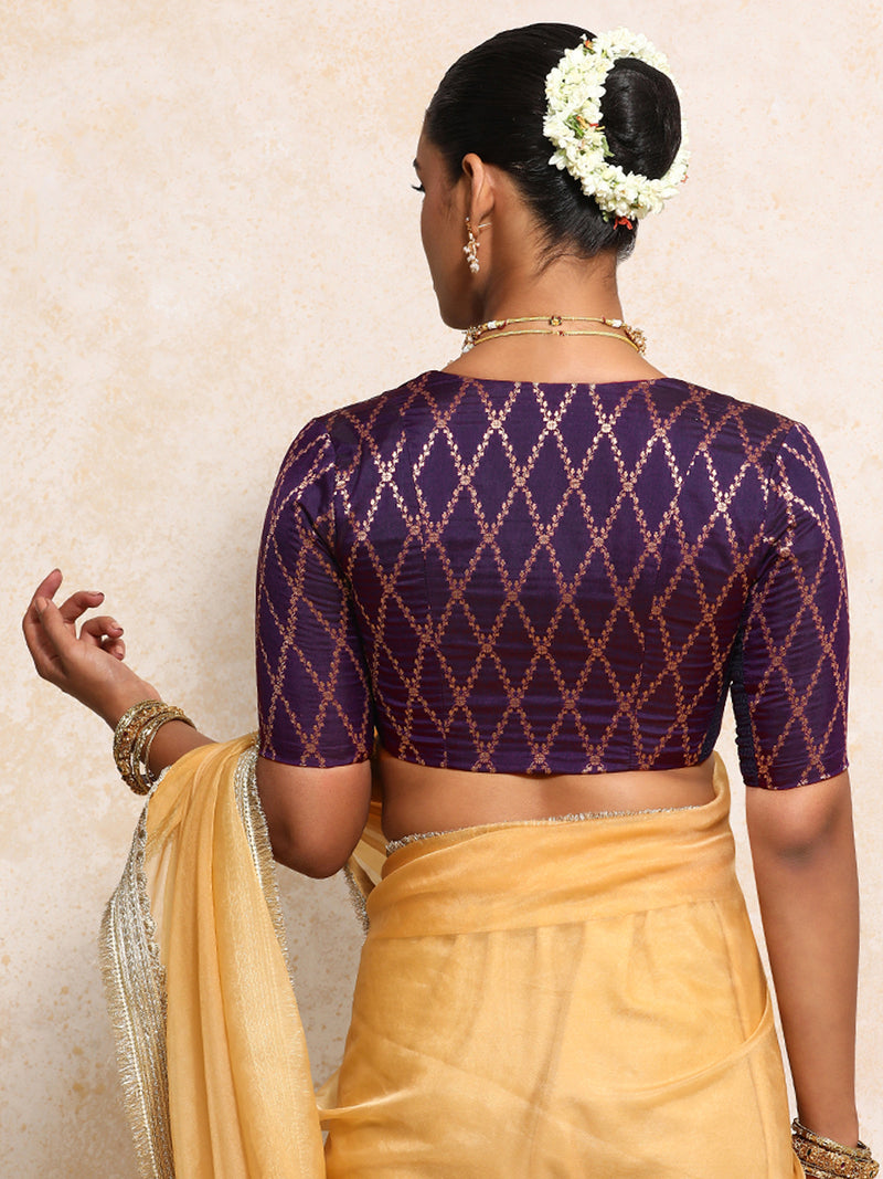Manisha x Tyohaar | Elbow Sleeves Saree Blouse in Orchid Plum Vine Mesh Brocade-Binks