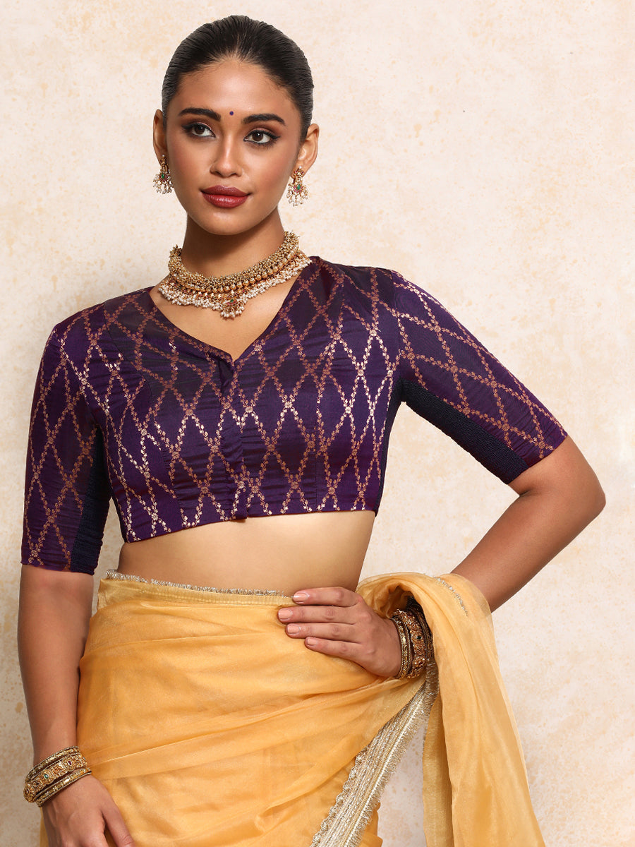 Manisha x Tyohaar Saree Blouse, in Purple Viscose Silk Brocade, featuring elbow sleeves and v-neckline (view 6).