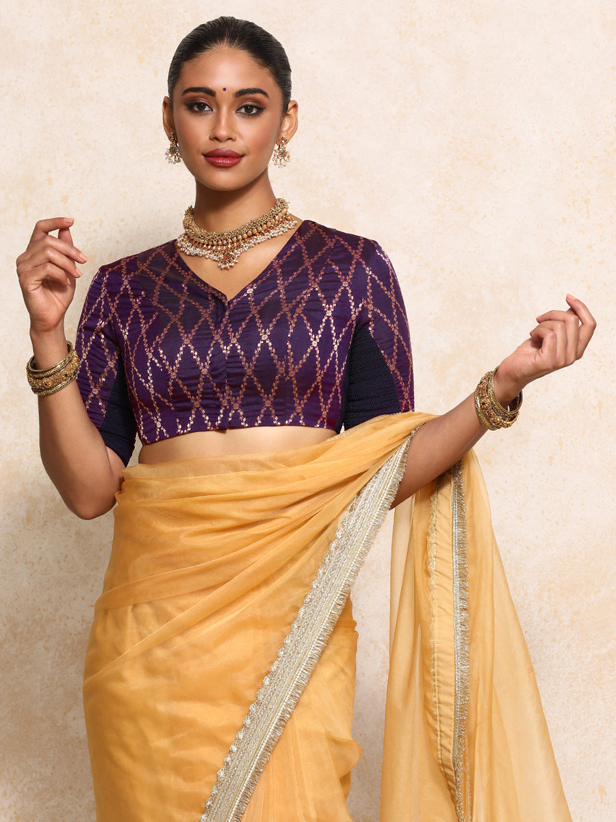Manisha x Tyohaar Saree Blouse, in Purple Viscose Silk Brocade, featuring elbow sleeves and v-neckline (view 8).