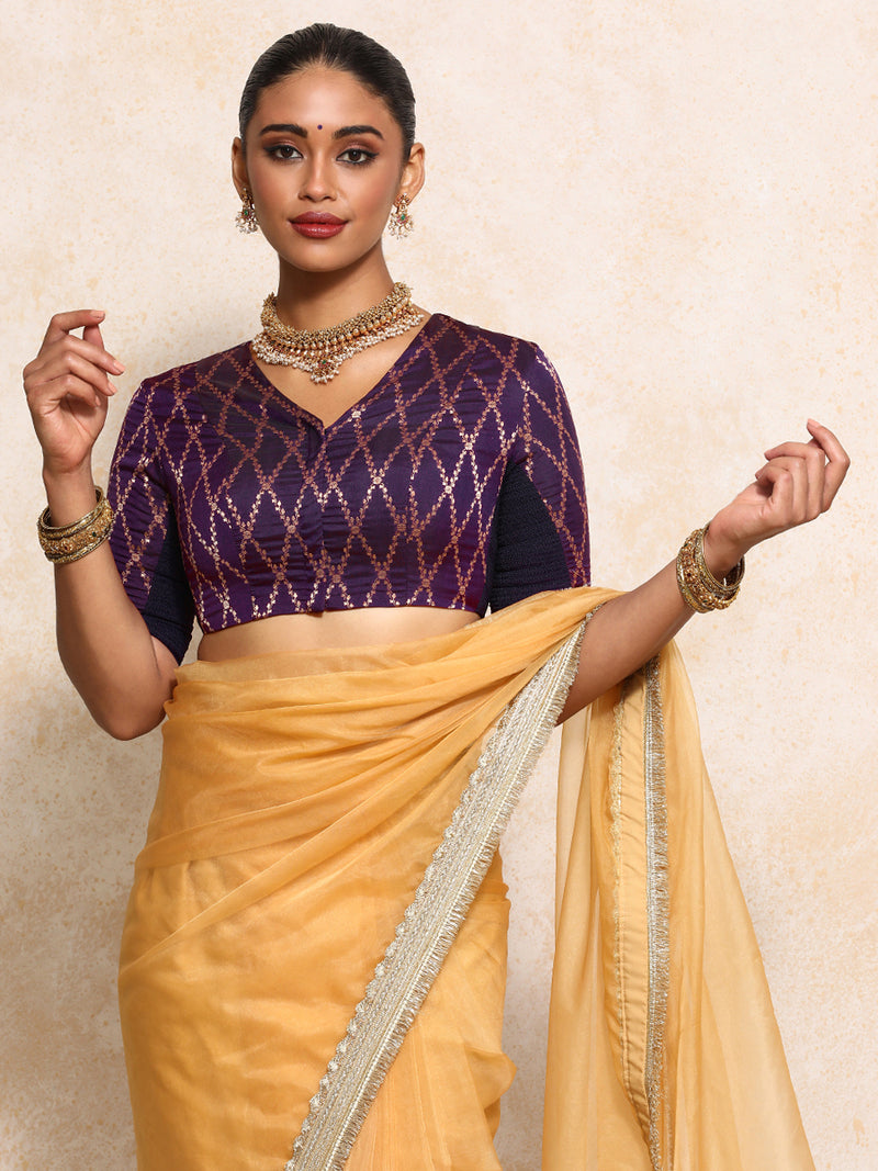 Manisha x Tyohaar | Elbow Sleeves Saree Blouse in Orchid Plum Vine Mesh Brocade-Binks