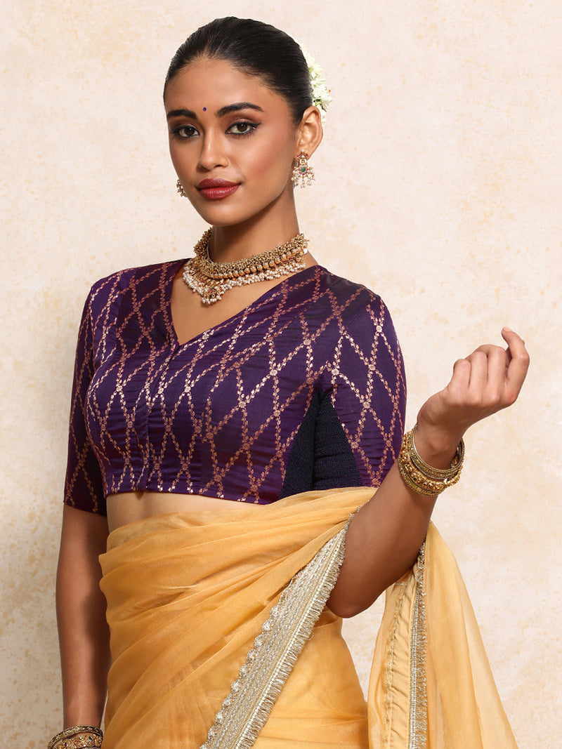 Manisha x Tyohaar | Elbow Sleeves Saree Blouse in Orchid Plum Vine Mesh Brocade-Binks