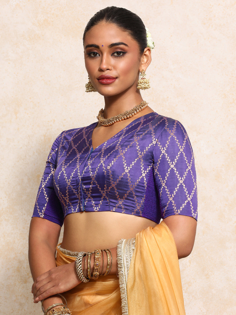 Manisha x Tyohaar Saree Blouse, in Purple Viscose Silk Brocade, featuring elbow sleeves and v-neckline.