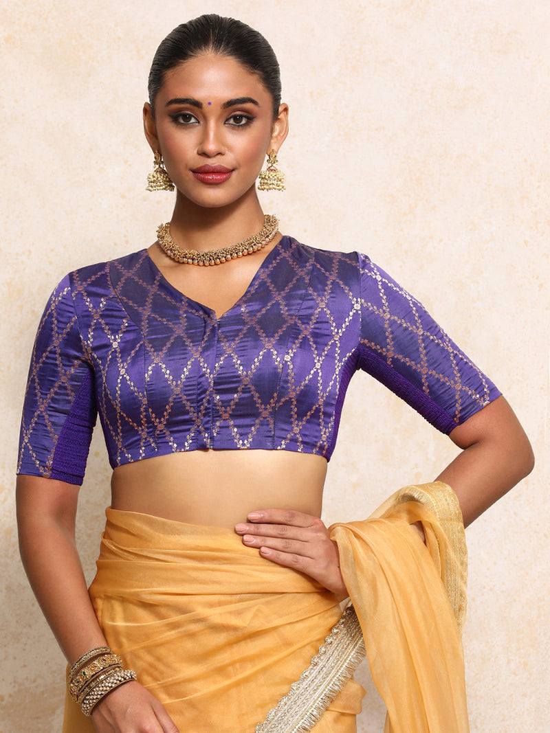 Manisha x Tyohaar | Elbow Sleeves Saree Blouse in Regal Purple Vine Mesh Brocade-Binks