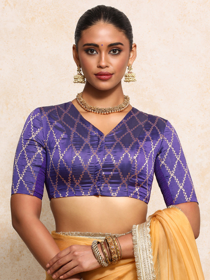 Manisha x Tyohaar | Elbow Sleeves Saree Blouse in Regal Purple Vine Mesh Brocade-Binks